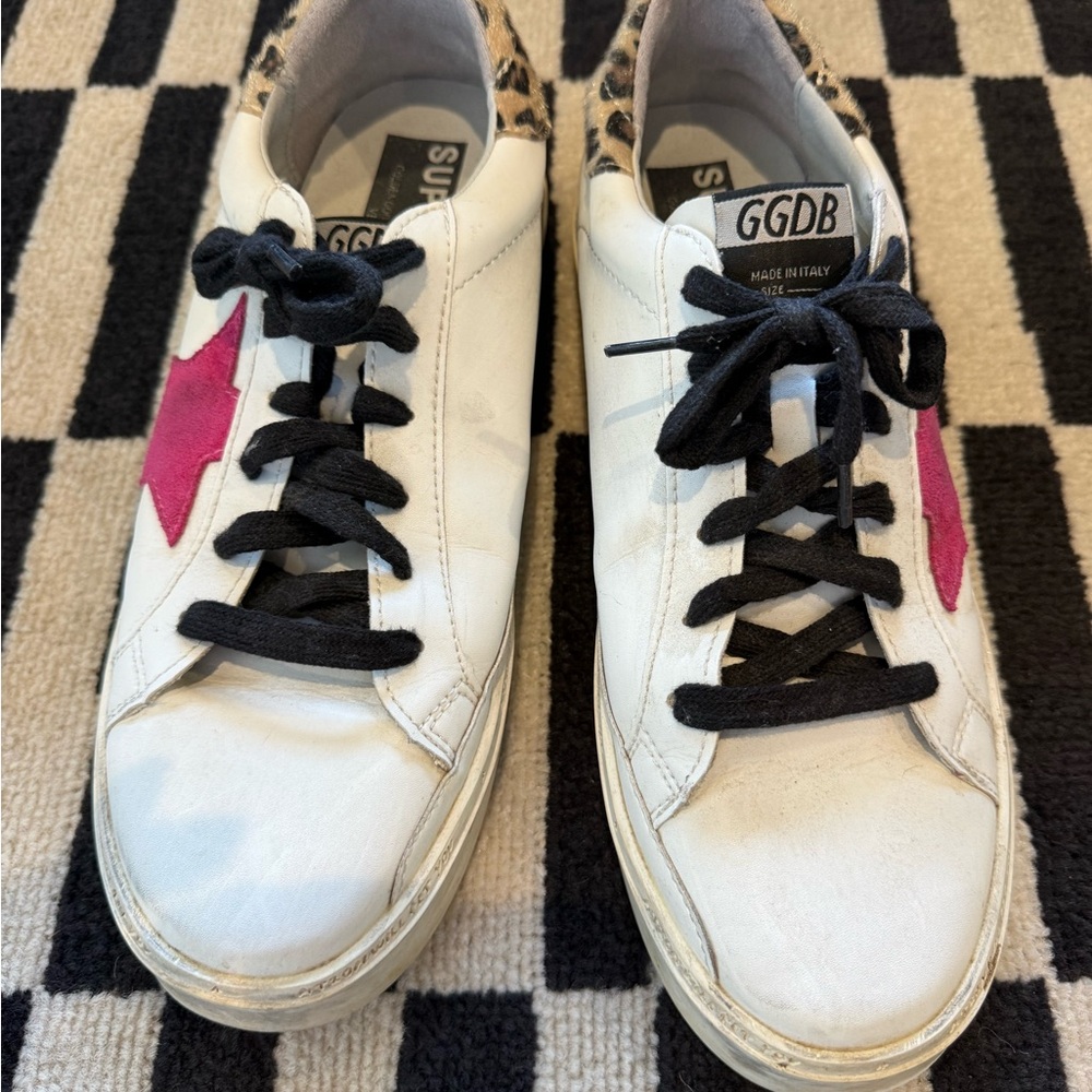 Golden Goose White Leather Sneakers with Pink Star & Leopard Heel